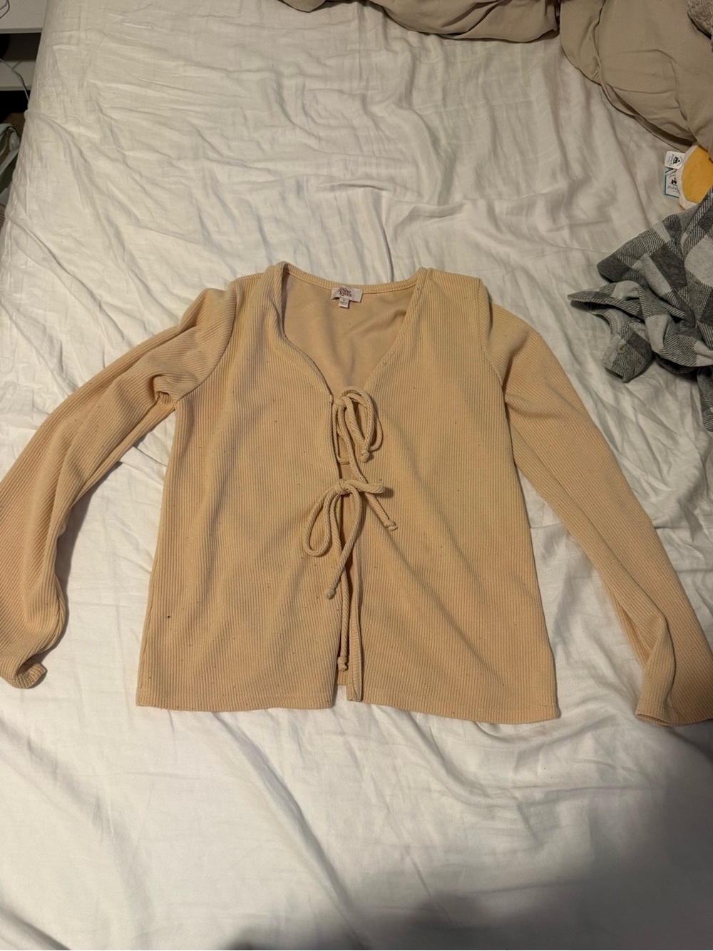 Tie-Front Ribbed Cardigan in Light Beige